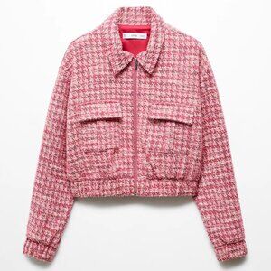 NWT! MNG MANGO Pink Houndstooth Tweed Crop Bomber Jacket Blazer Style